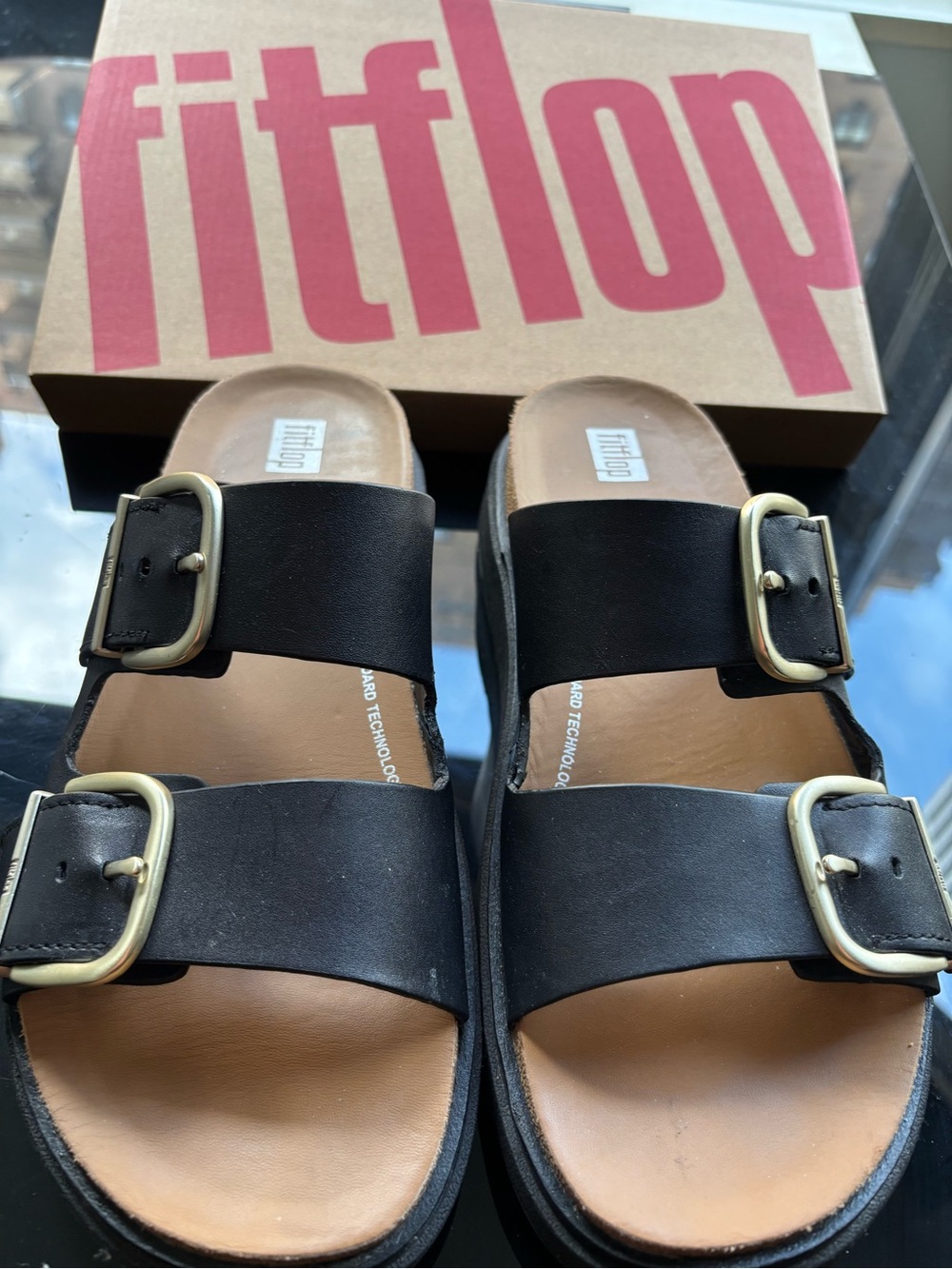 Fitflop Black Double-Strap Slide Sandals with Gold Buckles